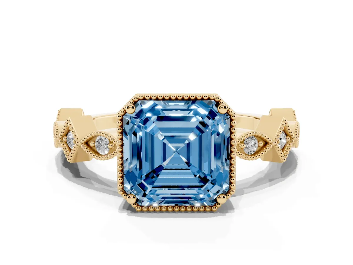 Fancy Blue Asscher Cut Milgrain Marquise Diamond Twist Band Ring Yellow gold