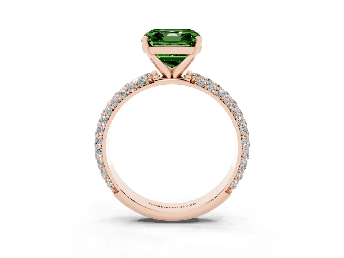 Fancy Green Asscher Cut Diamond Solitaire Ring with Prong Setting and Pavé Band Rose gold