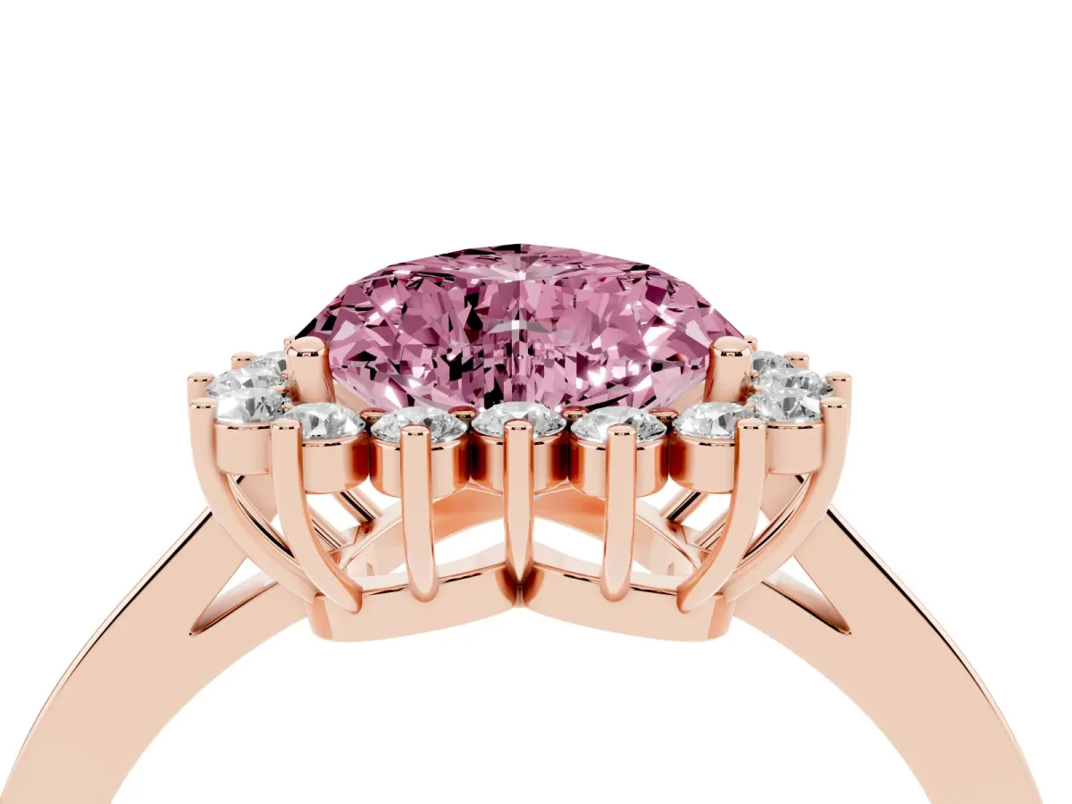 Fancy Pink Heart Cut Cut Diamond Halo Ring with Round Brilliant Halo and Solitaire Band Rose gold