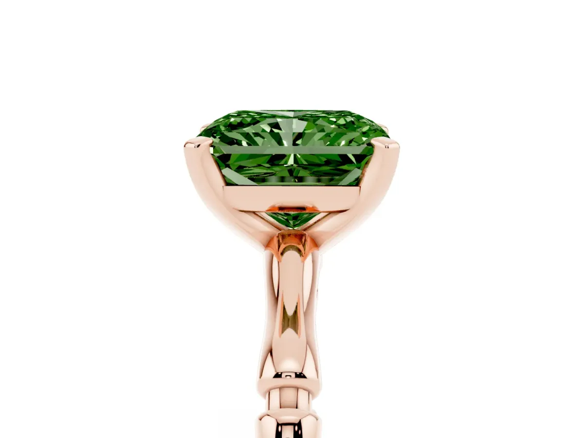 Fancy Green Radiant Cut Solitaire Diamond Ring with Bamboo Band and Four-Prong Setting Rose gold
