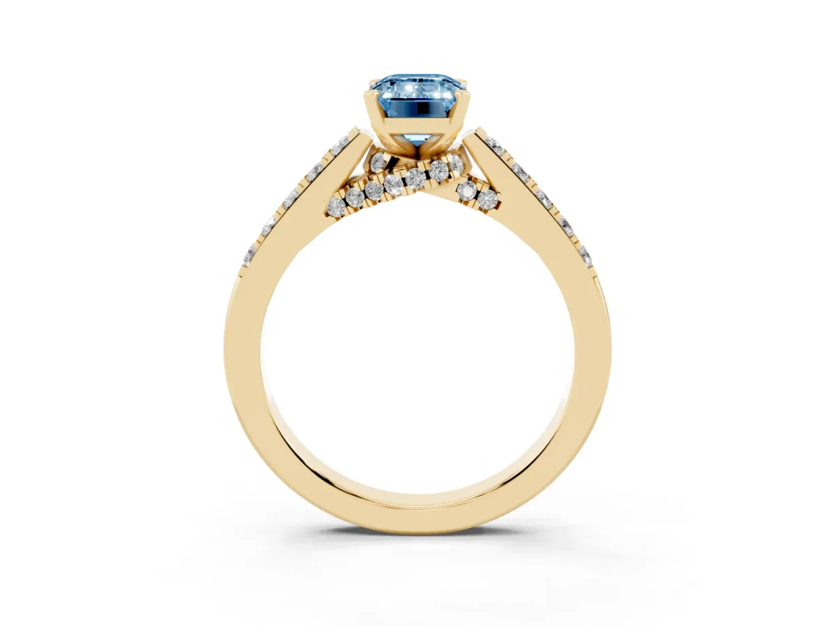 Fancy Blue Emerald Cut Diamond Solitaire Ring with Crossover Gallery and Round Pavé Band Yellow gold