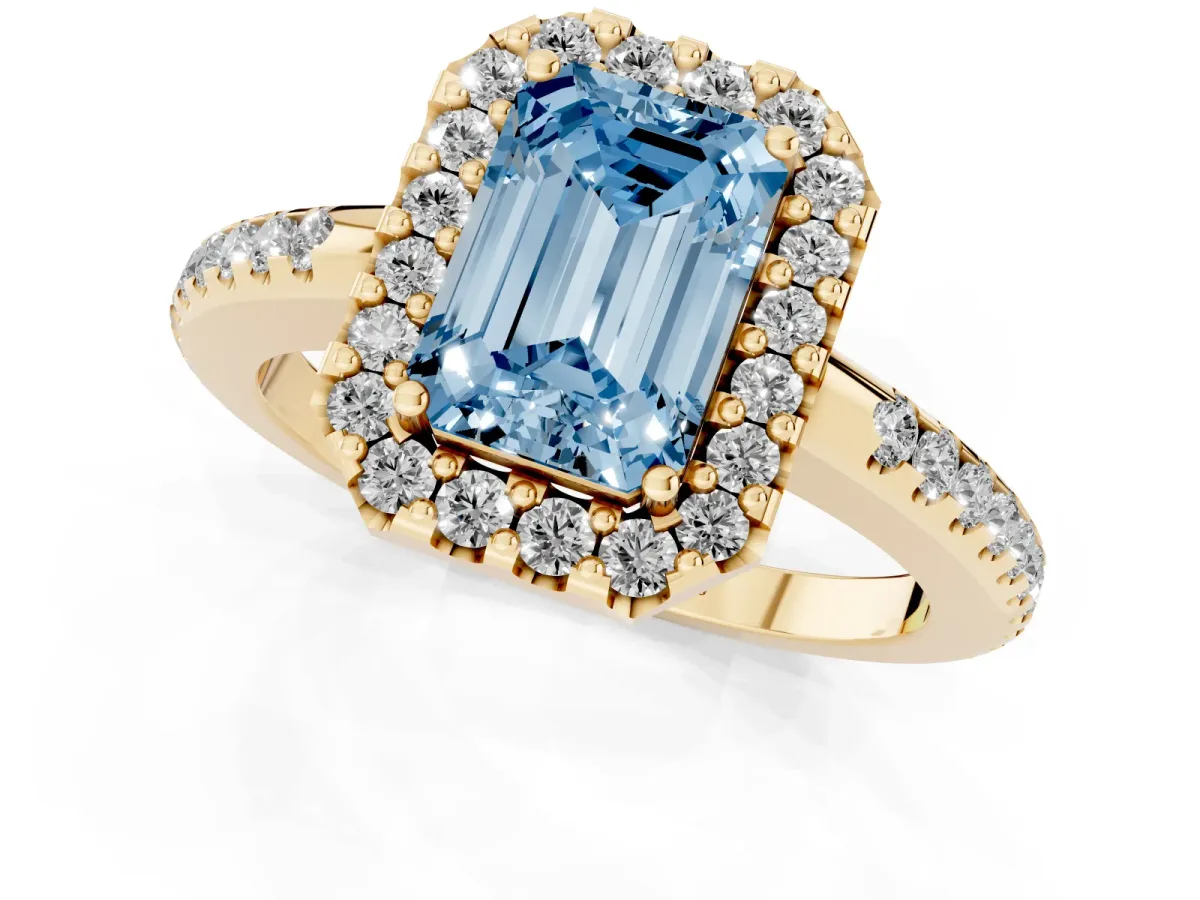 Fancy Blue Emerald Cut Diamond Pavé Halo Ring with Four-Prong Setting Yellow gold