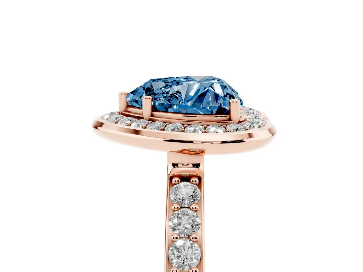 Fancy Blue Heart Cut Diamond Halo Ring with Bezel Frame and Pavé Band Rose gold