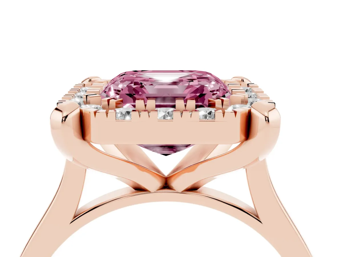 Fancy Pink Asscher Cut Diamond Cluster Halo Solitaire with Four-Prong Setting Rose gold