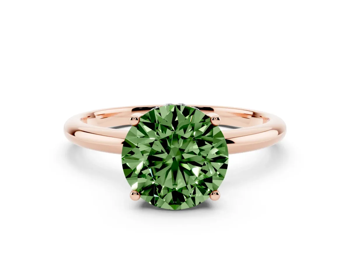 Fancy Green Round Cut Cut Solitaire Engagement Ring with Four-Prong Setting and Classic Band Rose gold