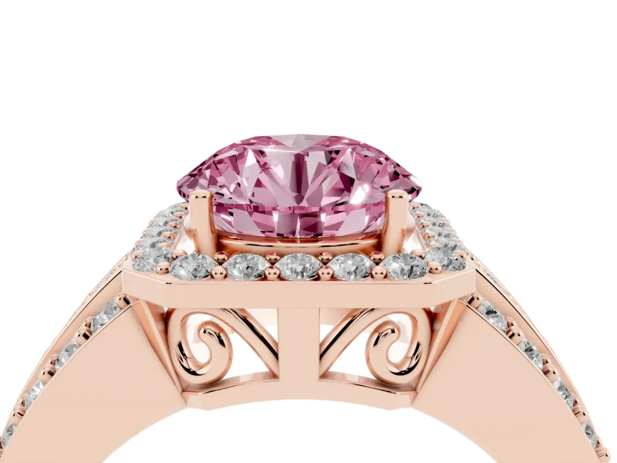 Fancy Pink Round Cut Halo Diamond Ring with Round Split Shank and Prong Setting Rose gold