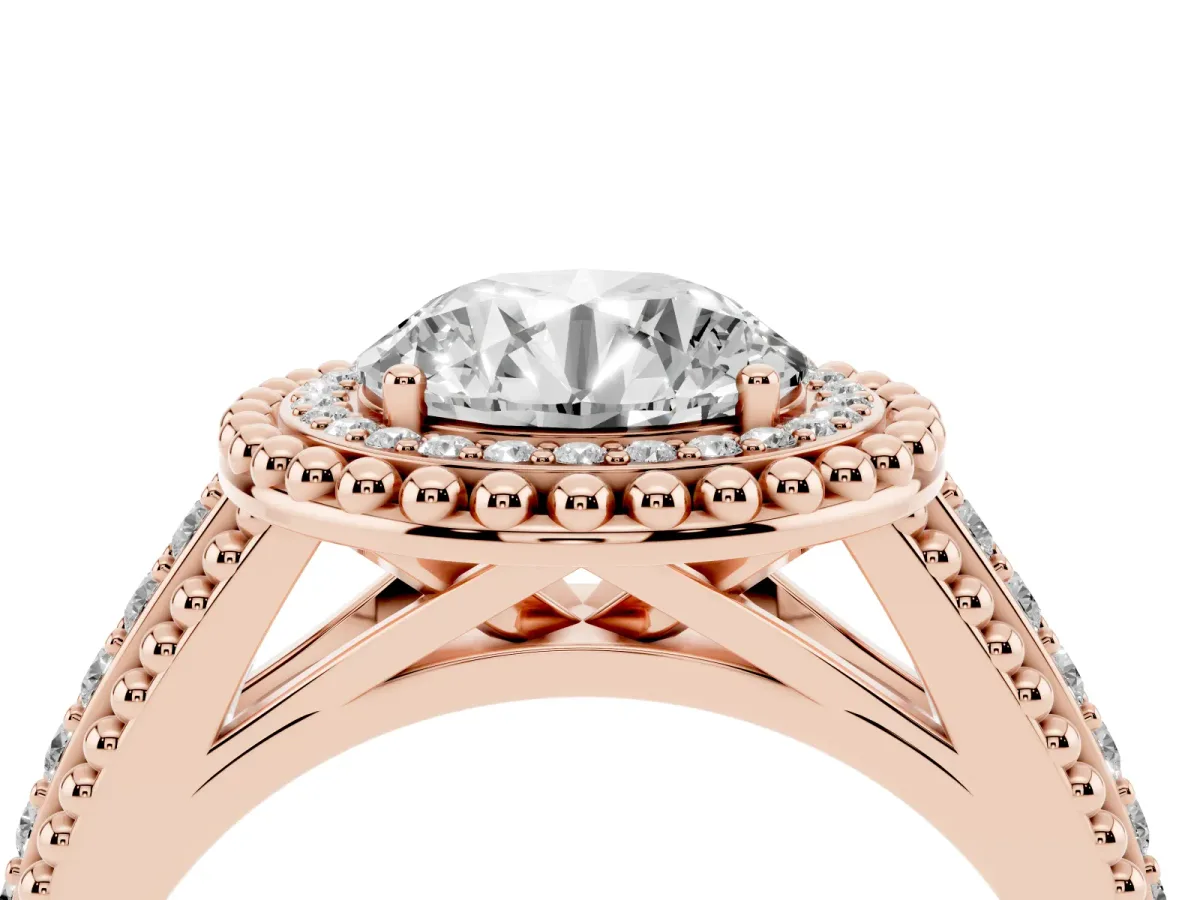 Round Cut Halo Diamond Ring with Beaded Split Shank and Four-Prong Setting Rose gold