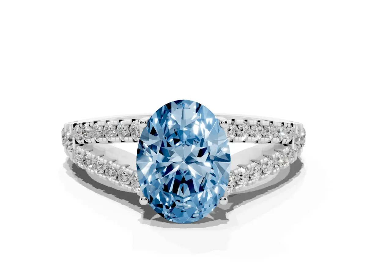 Fancy Blue Oval Cut Diamond Split Shank Engagement Ring with Round Pavé and Prong Setting Silver
