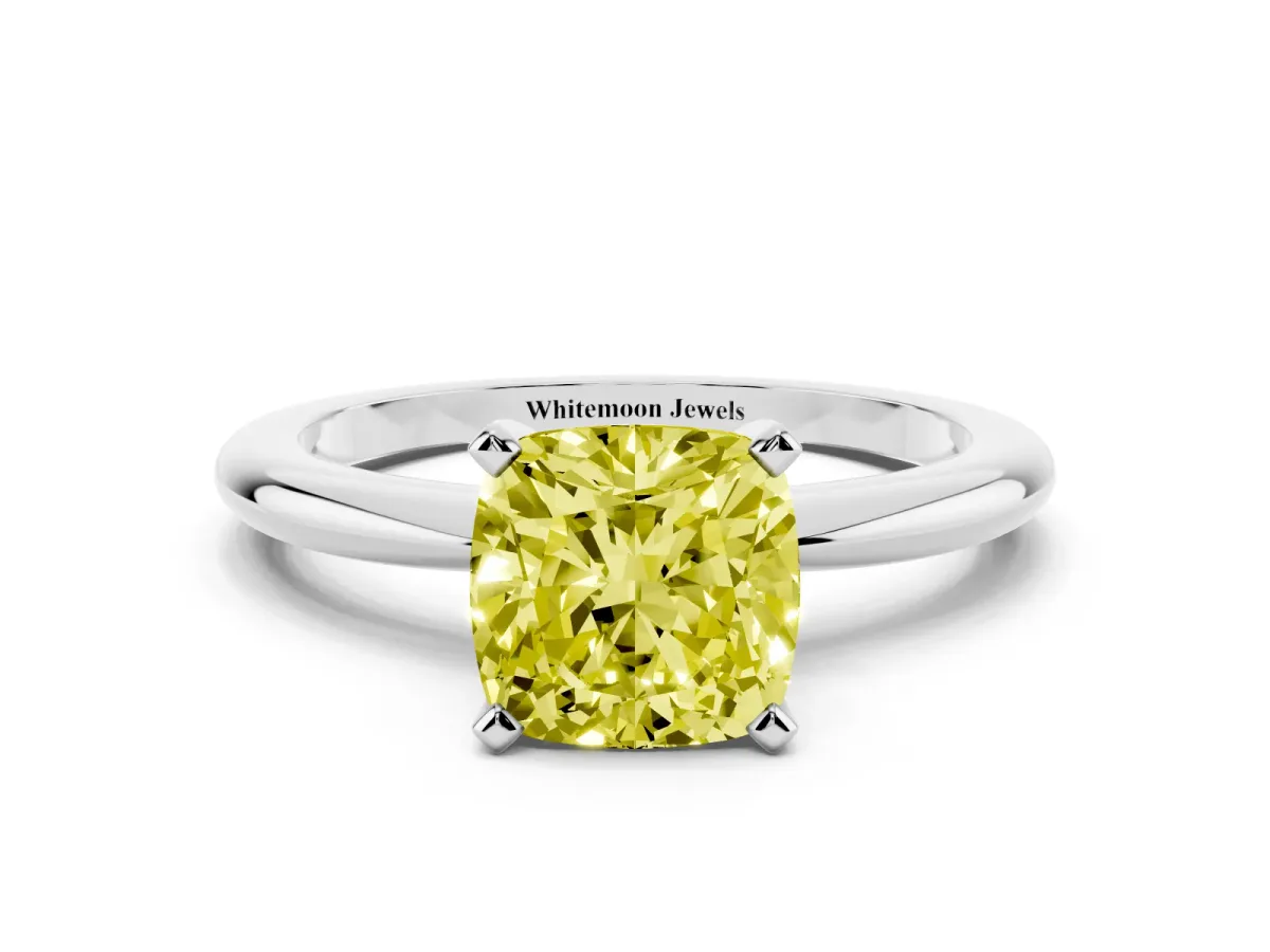 Fancy Yellow Cushion Cut Diamond Solitaire Ring with Prong Setting and Classic Band White gold