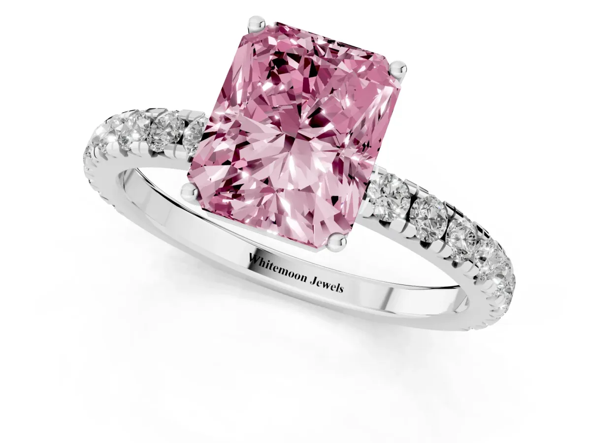 Fancy Pink Radiant Cut Diamond Pavé Solitaire Engagement Ring with Four-Prong Setting Silver