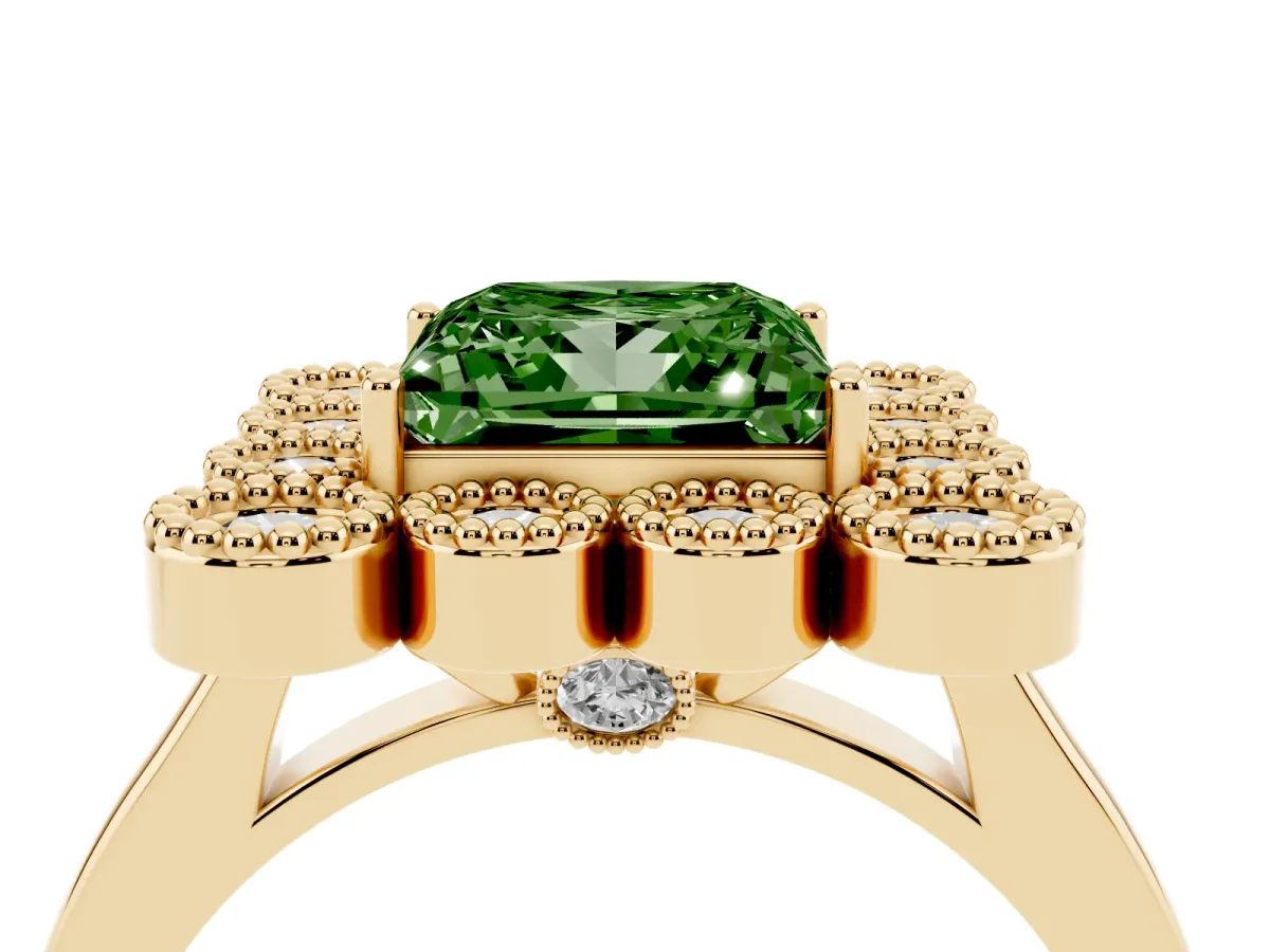 Fancy Green Princess Cut Halo Diamond Cluster Engagement Ring with Milgrain Bezel Setting and Solitaire Band Yellow gold