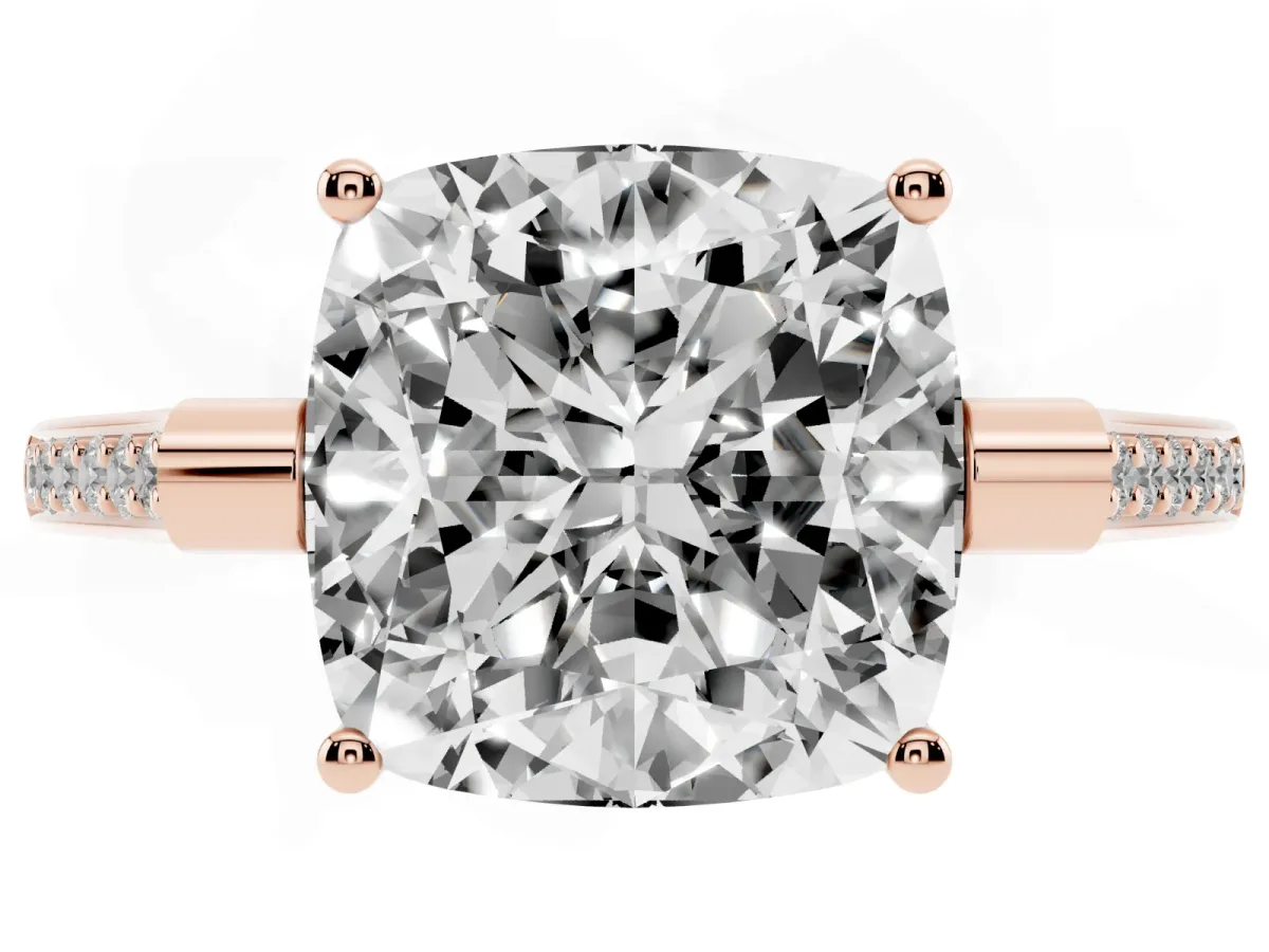 Cushion Cut Solitaire Diamond Ring with Channel Set Band and Bezel Prong Setting Rose gold
