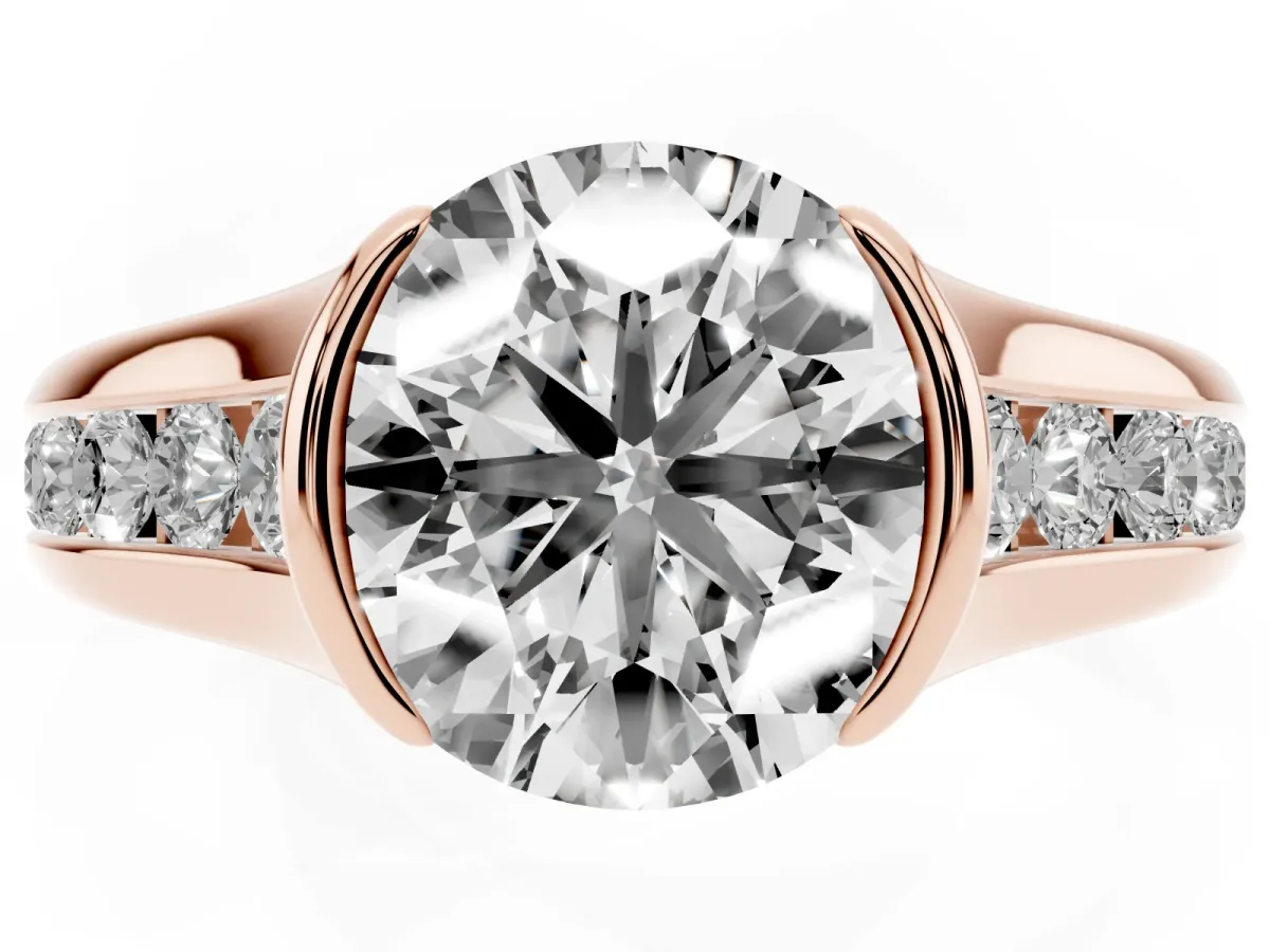 Round Cut Solitaire Bezel-Set Diamond Ring with Channel-Set Band Rose gold