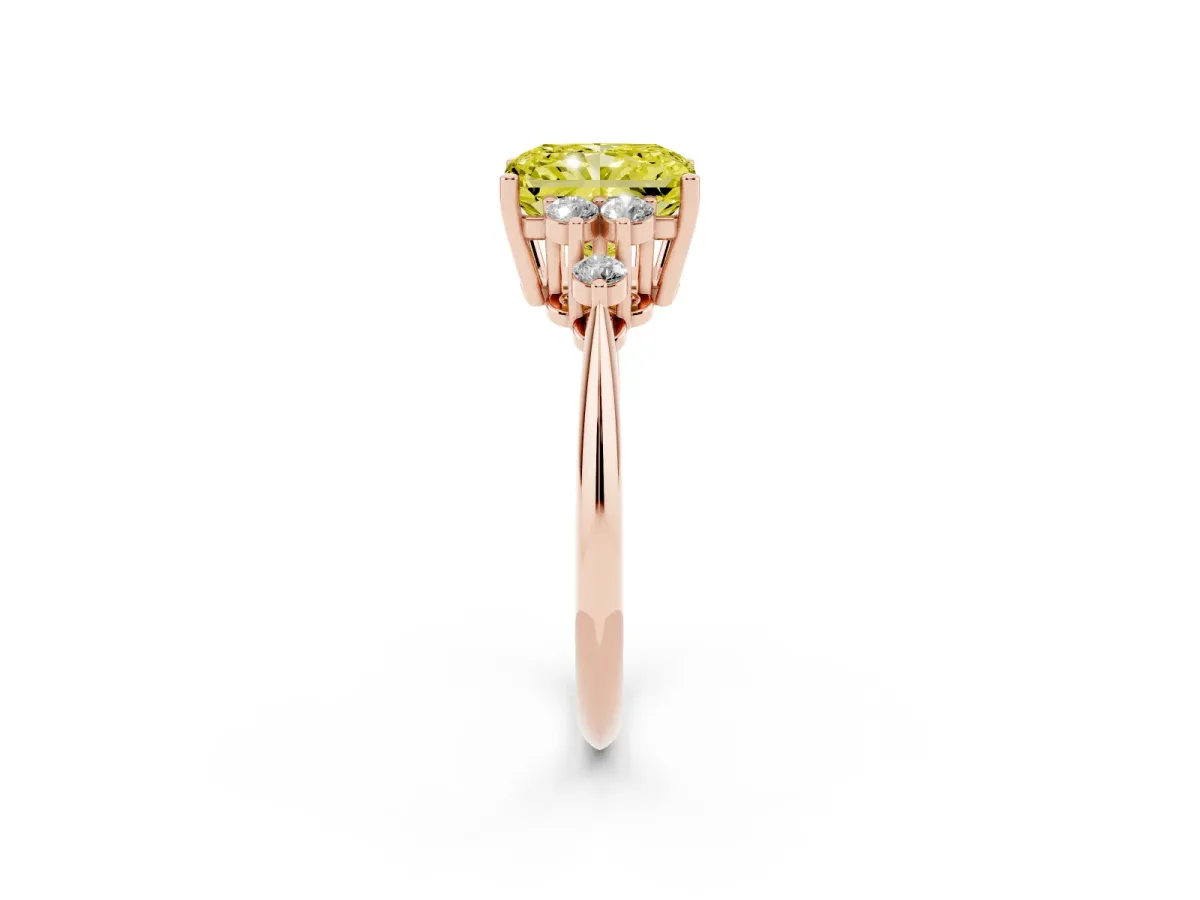 Fancy Yellow Radiant Cut Cut Diamond Cluster Ring with Solitaire Band and Four-Prong Setting Rose gold