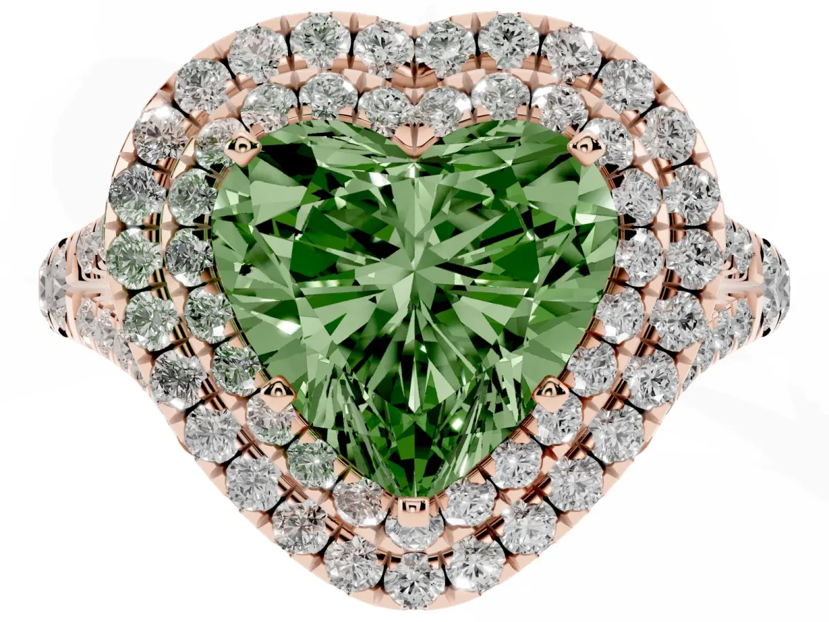 Fancy Green Heart Cut Cut Double Halo Split Shank Diamond Ring with Prong Setting Rose gold