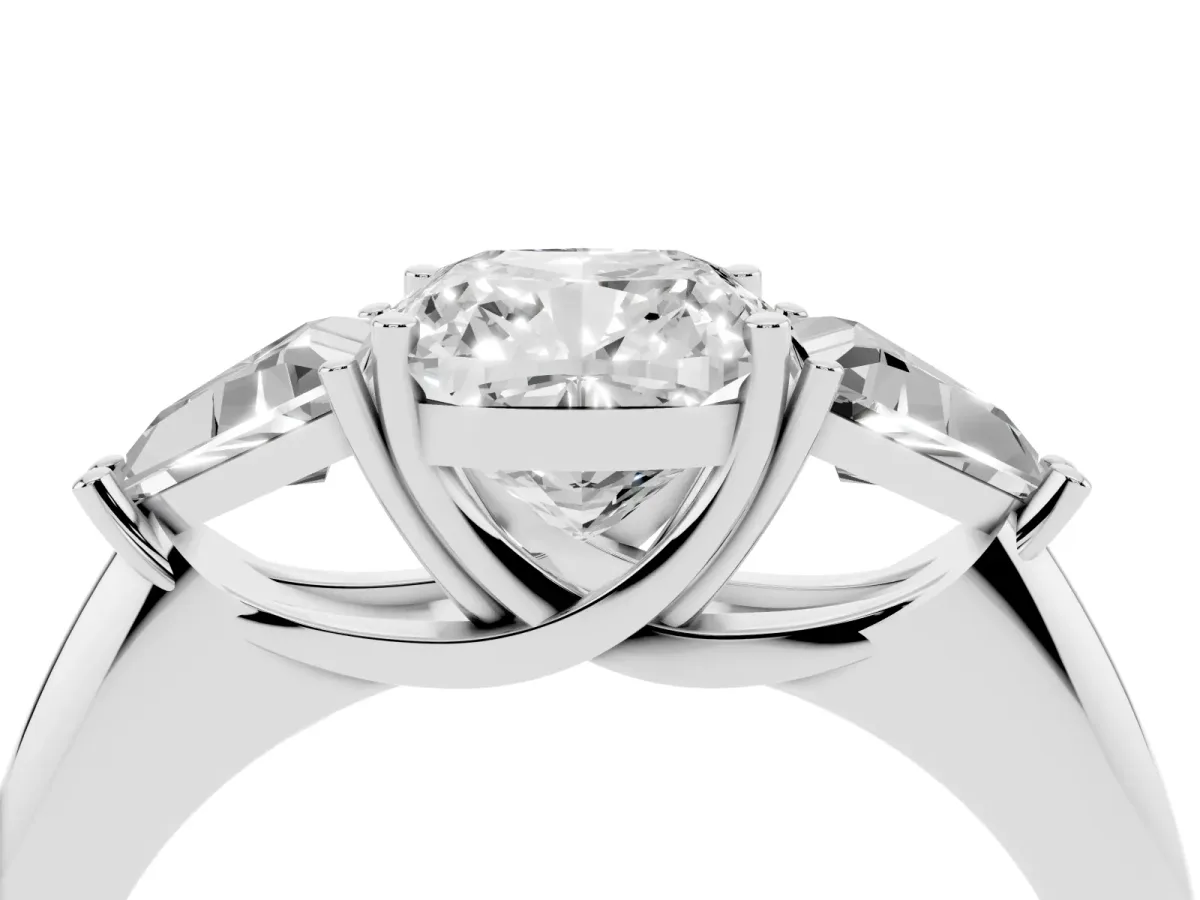 Three-Stone Cushion Cut Diamond Engagement Ring with Trillion Side Stones and Prong Setting Silver