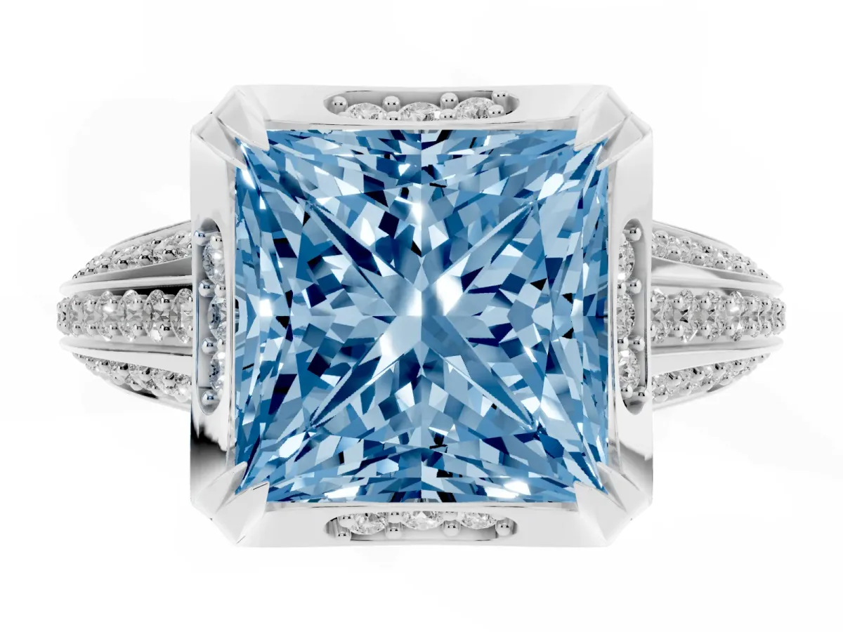 Fancy Blue Princess Cut Solitaire Pave Split Shank Ring with Four-Prong Setting White gold
