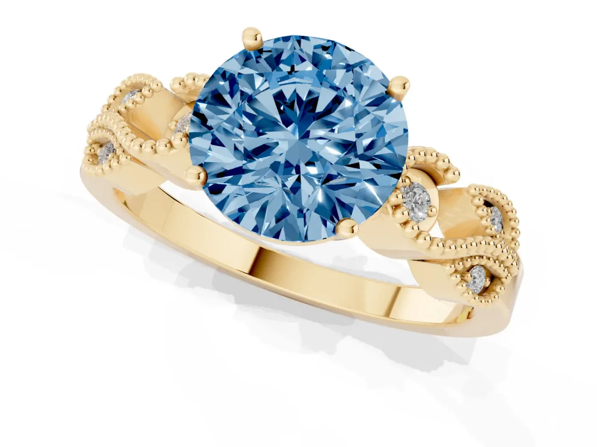 Fancy Blue Round Cut Solitaire Milgrain Leaf Band with Prong Setting Yellow gold