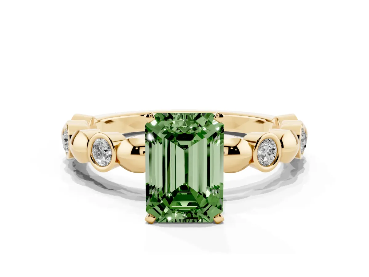 Fancy Green Emerald Cut Solitaire Bezel-Set Diamond Ring with Beaded Band and Four-Prong Setting Yellow gold