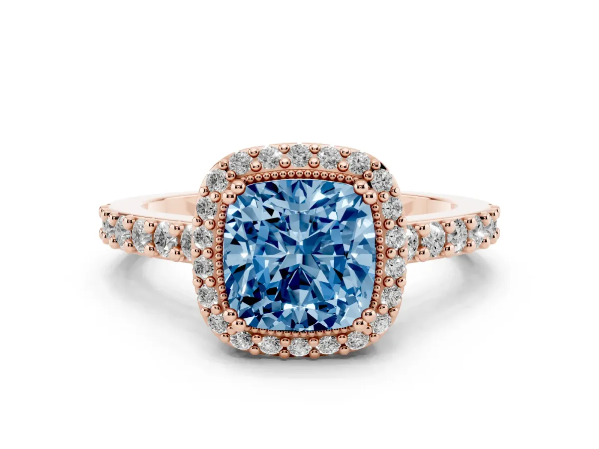 Fancy Blue Cushion Cut Cut Diamond Halo Engagement Ring with Milgrain Detail and Pavé Band Rose gold