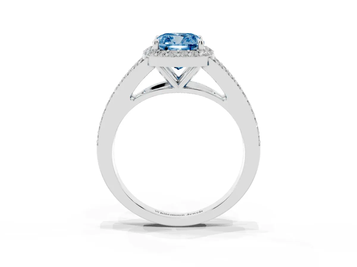 Fancy Blue Cushion Cut Halo Split Shank Pave Diamond Ring with Four-Prong Setting Platinum