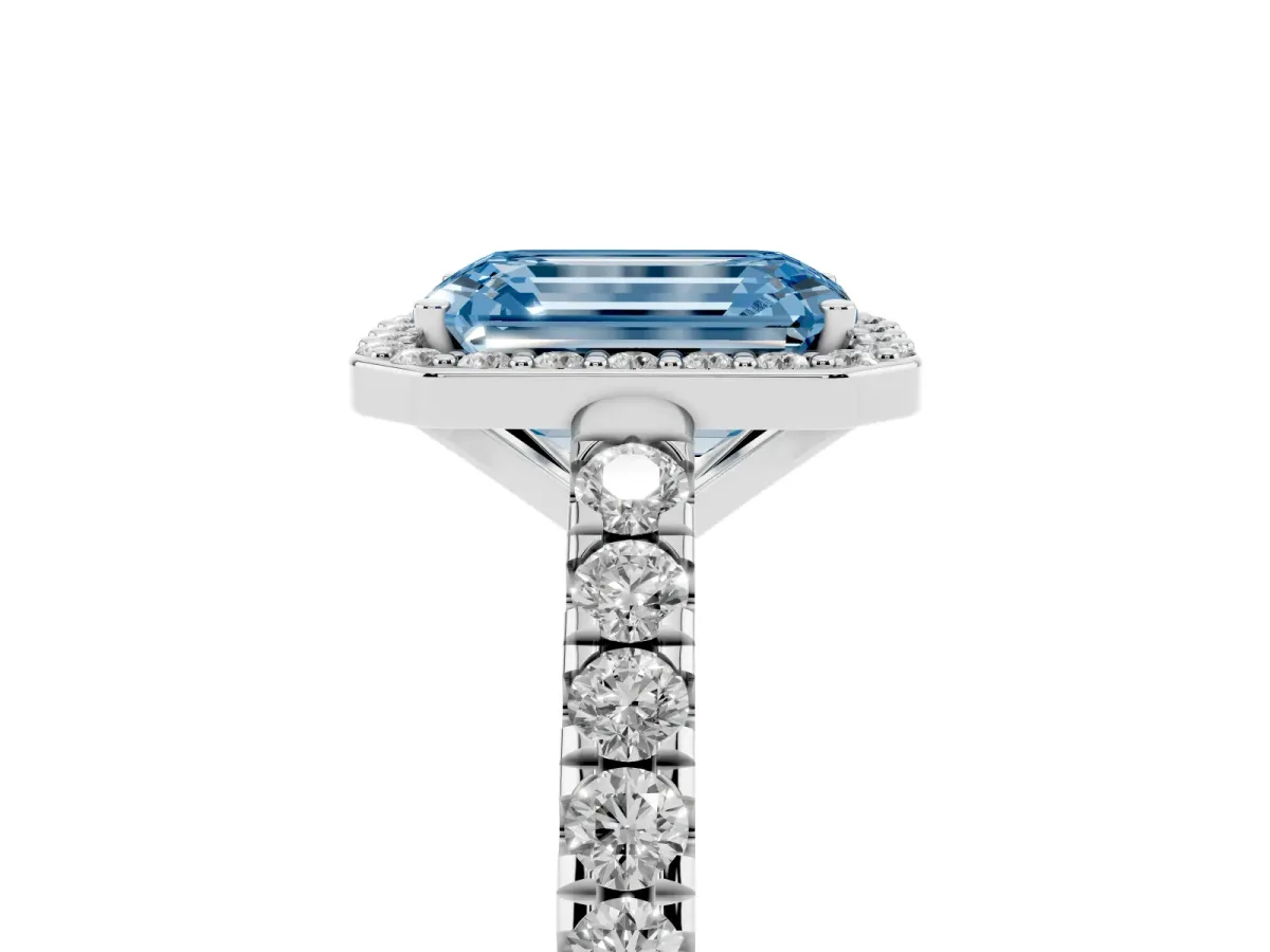 Fancy Blue Emerald Cut Cut Halo Diamond Engagement Ring with Pave Band and Four-Prong Setting White gold