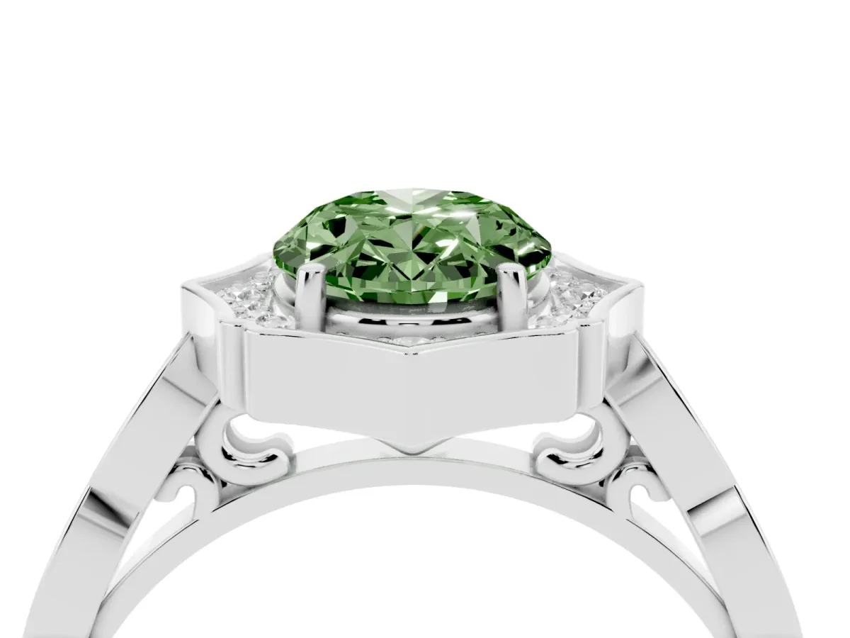 Fancy Green Oval Cut Halo Diamond Engagement Ring with Milgrain Band and Four-Prong Setting Platinum