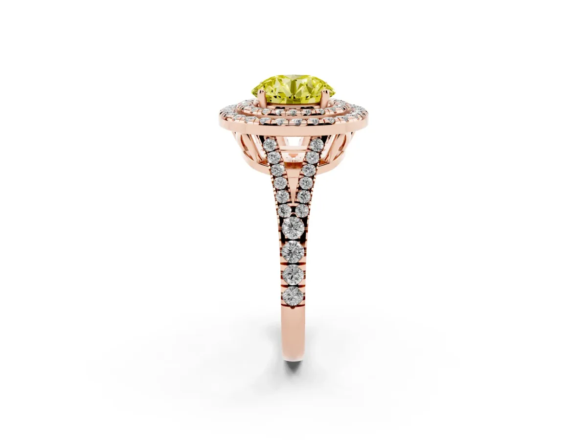 Fancy Yellow Round Cut Diamond Double Halo Ring with Pavé Band and Prong Setting Rose gold