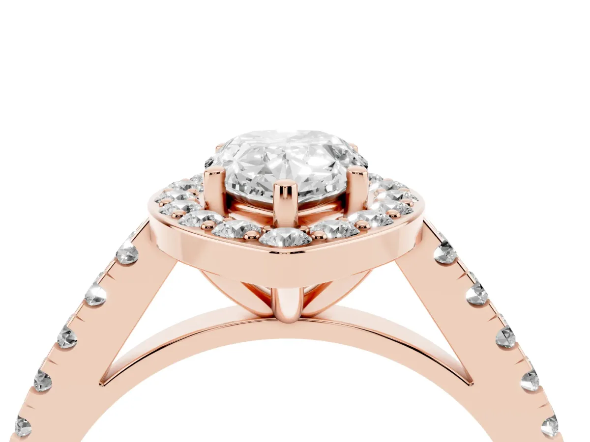 Pear Cut Diamond Halo Ring with Round Pavé Split Shank and Prong Setting Rose gold