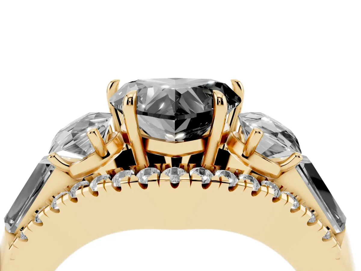 Fancy Black Three-Stone Heart Cut Diamond Engagement Ring with Pave Band and Prong Setting Yellow gold