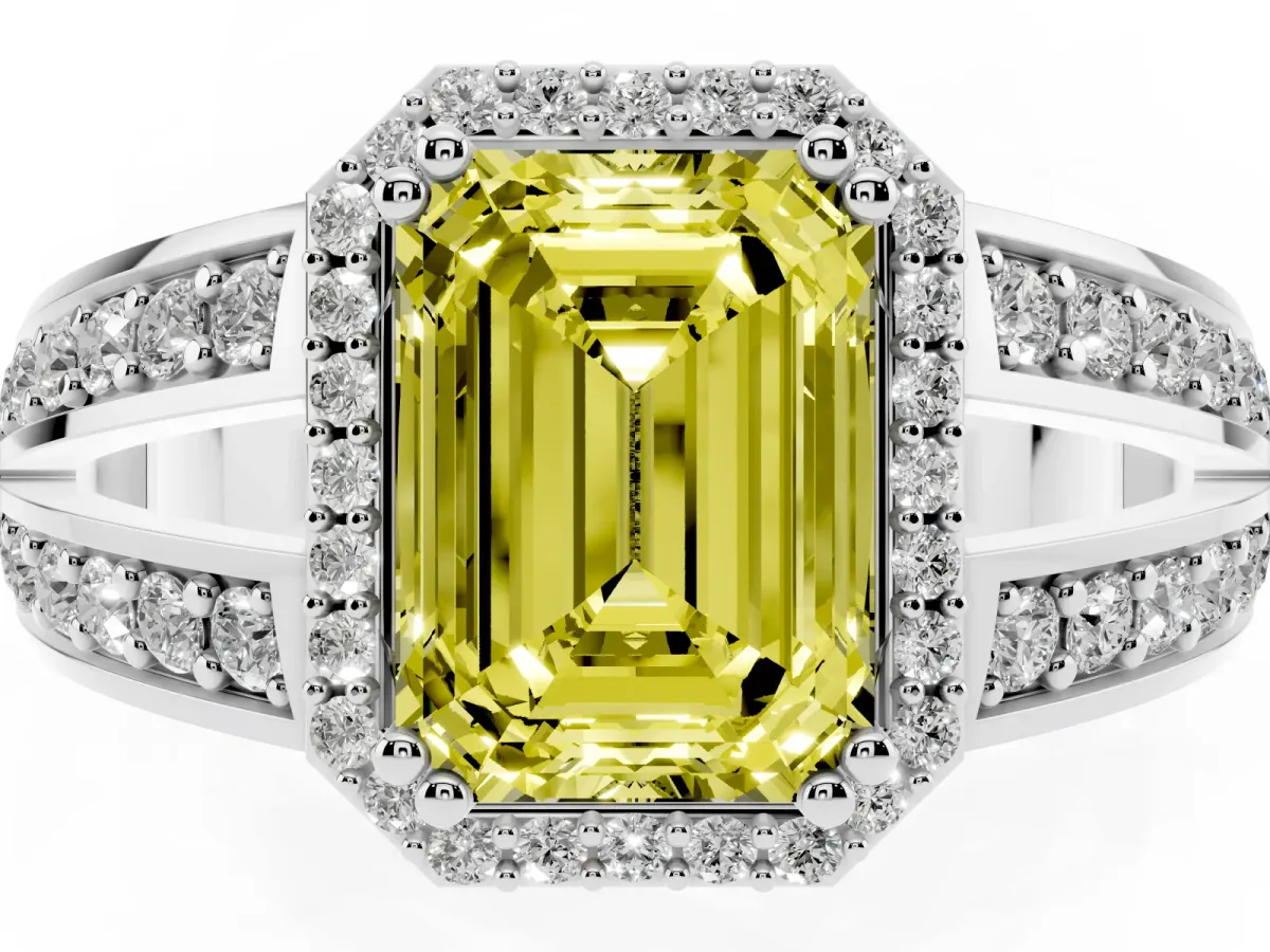Fancy Yellow Emerald Cut Diamond Halo Ring with Split Shank Pavé Band and Four-Prong Setting White gold
