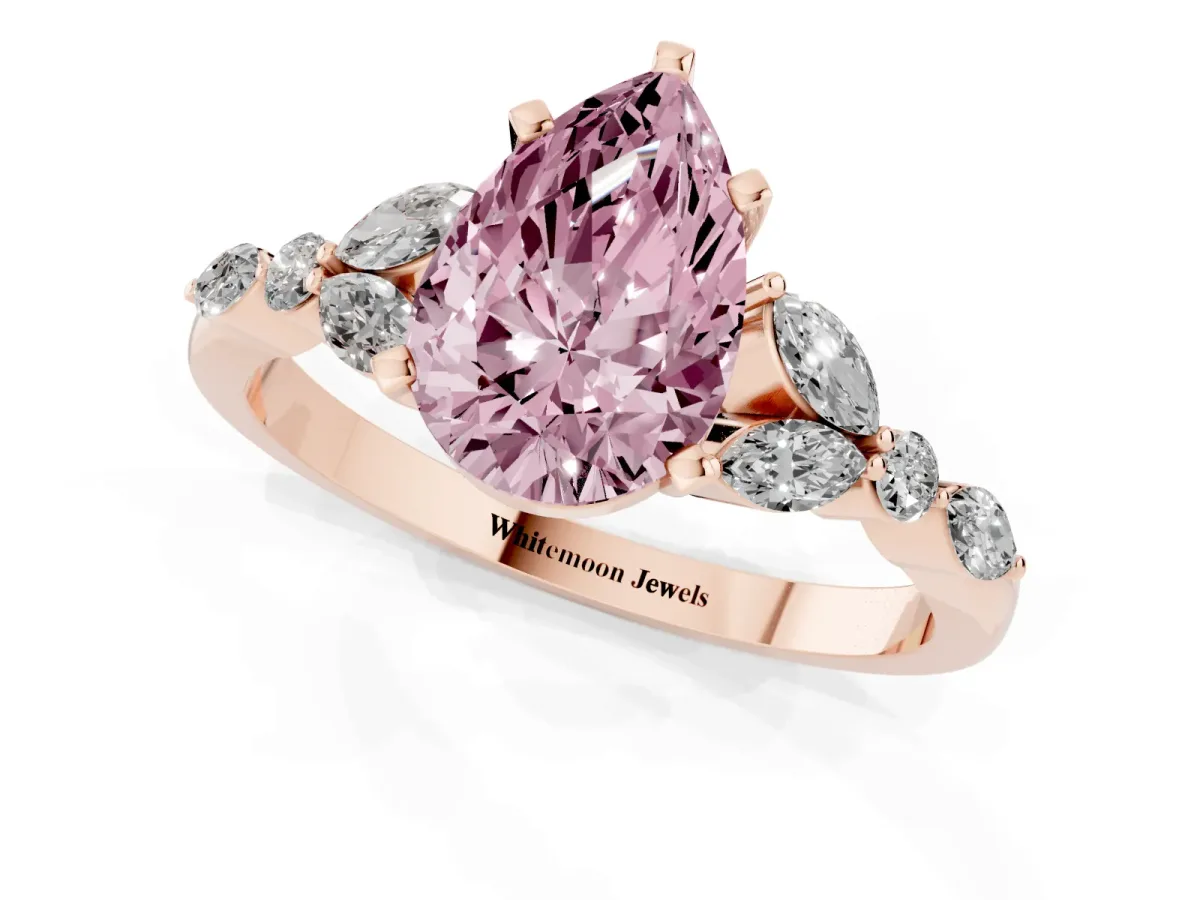Fancy Pink Pear Cut Diamond Solitaire Ring with Side Stones and Four-Prong Setting Rose gold