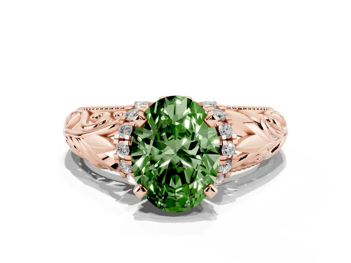 Fancy Green Oval Cut Solitaire Filigree Engagement Ring with Halo and Prong Setting Rose gold
