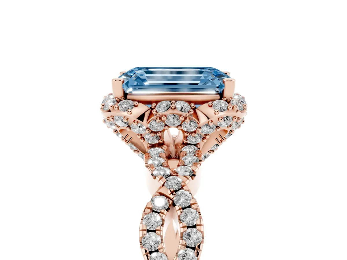 Fancy Blue Emerald Cut Halo Twist Band Solitaire Ring with Six-Prong Setting Rose gold