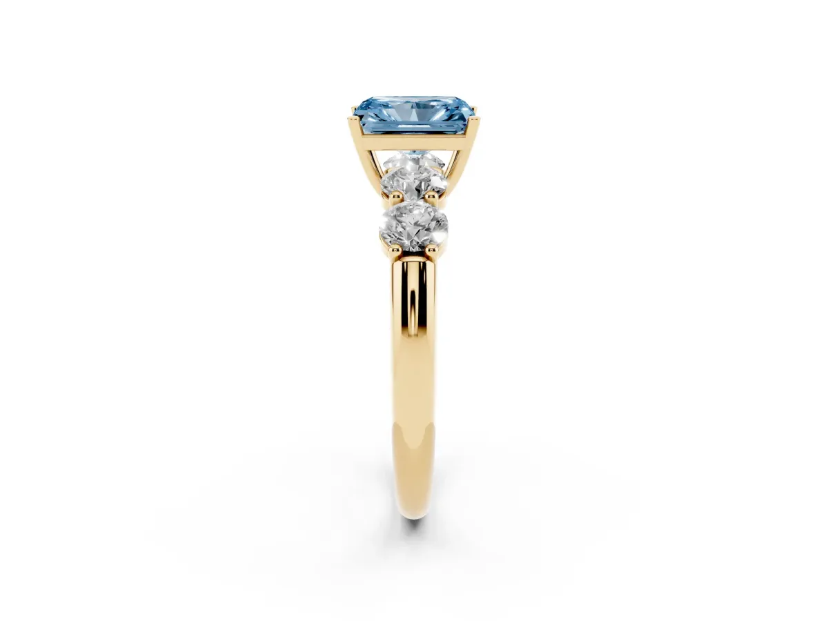 Fancy Blue Radiant Cut Cut Five-Stone Prong Set Diamond Ring with Classic Band Yellow gold
