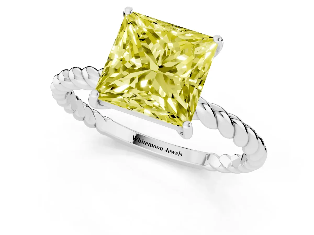 Fancy Yellow Princess Cut Solitaire Twisted Band 4-Prong Ring Platinum