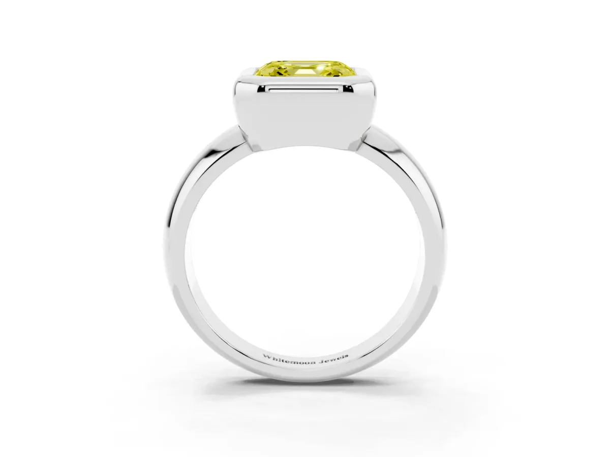Fancy Yellow Bezel Set Asscher Cut Solitaire Ring with Wide Band Platinum
