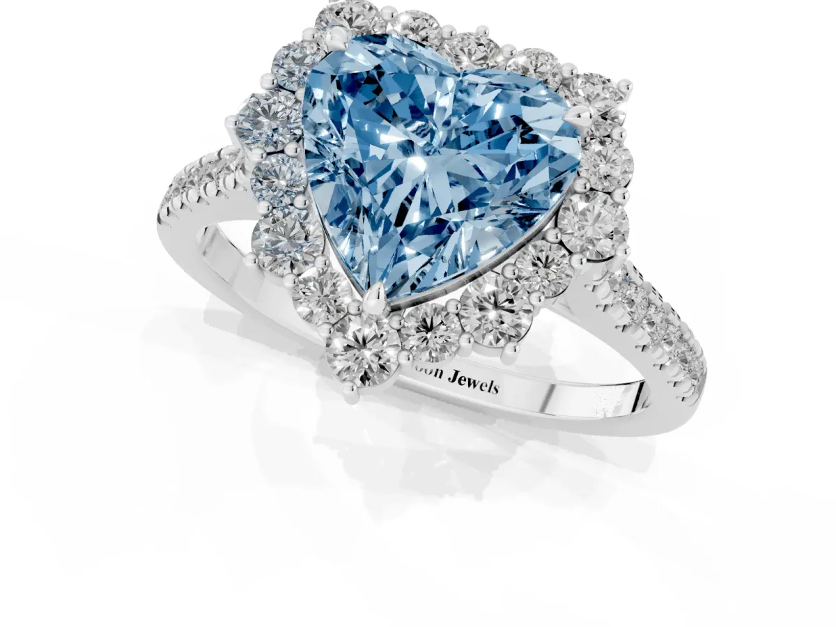 Fancy Blue Heart Cut Halo Diamond Ring with Pavé Band and Prong Setting Silver