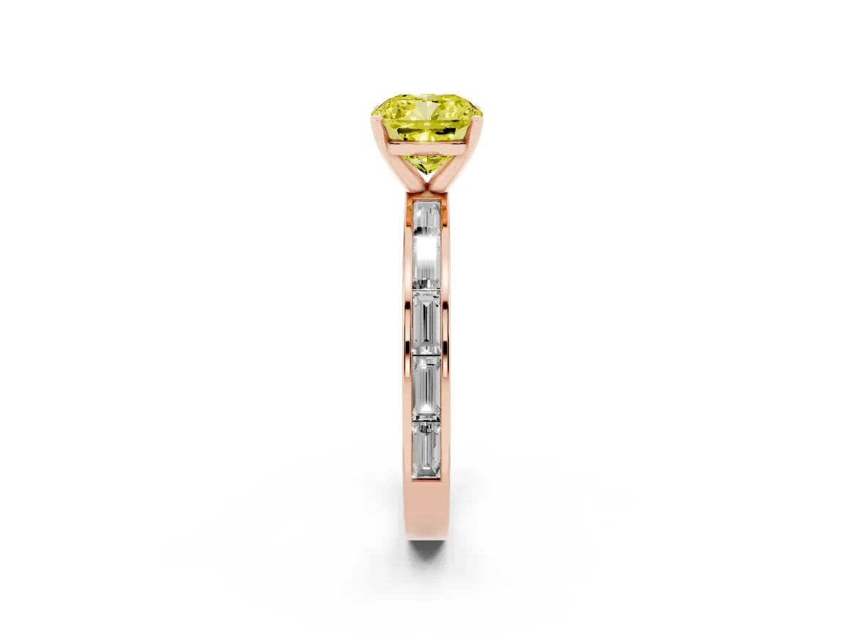 Fancy Yellow Cushion Cut Solitaire Diamond Ring with Channel-Set Baguette Band and Four-Prong Setting Rose gold