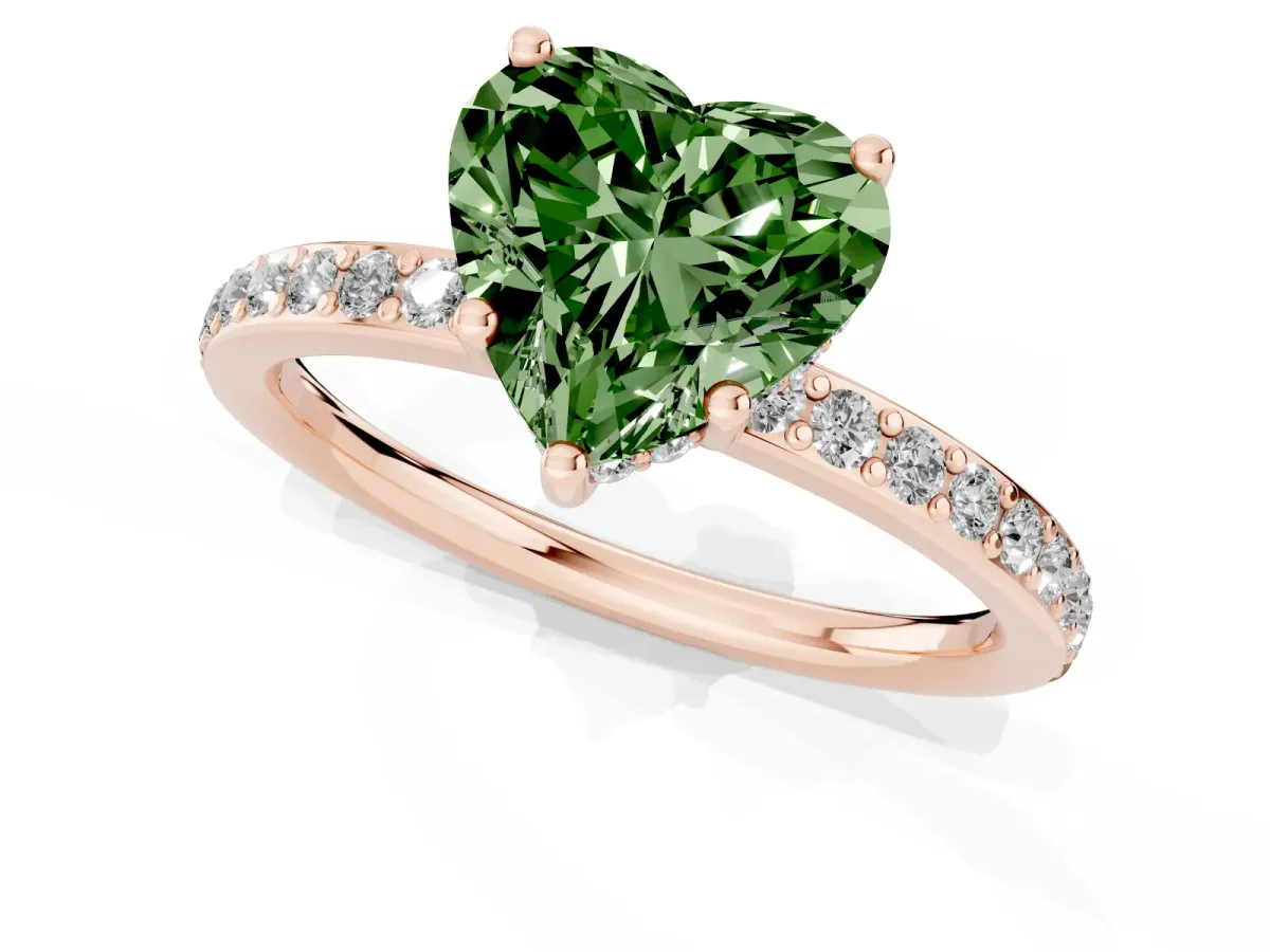 Fancy Green Heart Cut Cut Diamond Pavé Band Ring with Four-Prong Setting Rose gold