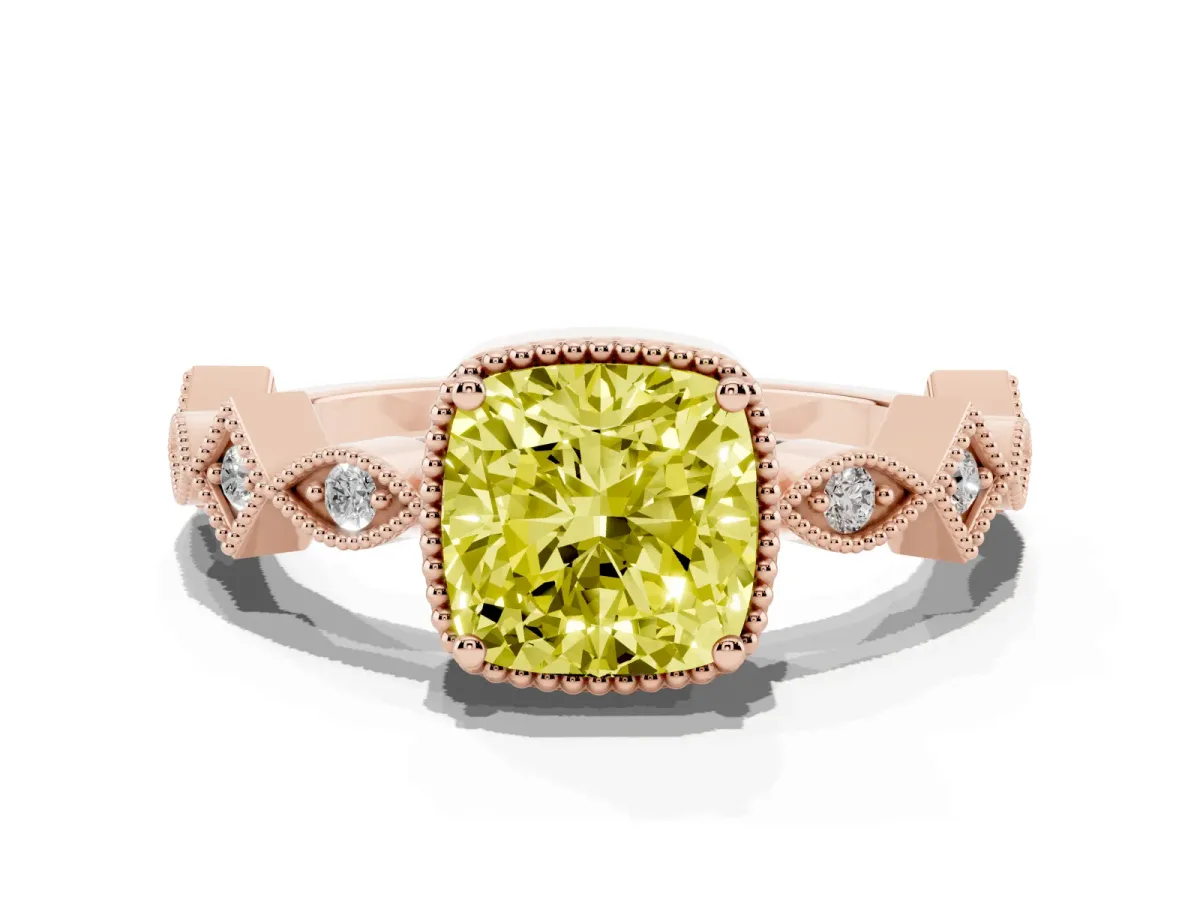 Fancy Yellow Cushion Cut Milgrain Marquise Diamond Twist Band Ring Rose gold