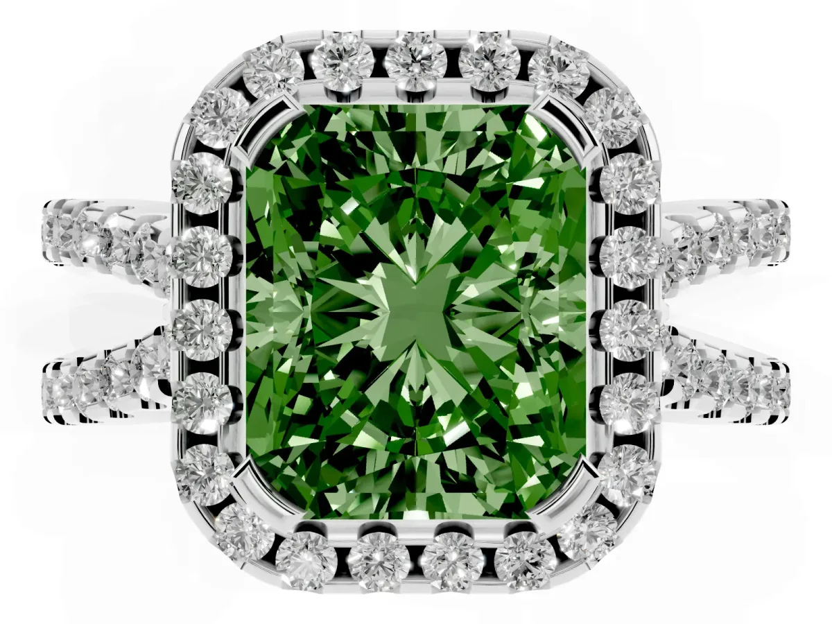 Fancy Green Radiant Cut Diamond Halo Ring with Split Shank Pavé Band and Prong Setting Silver