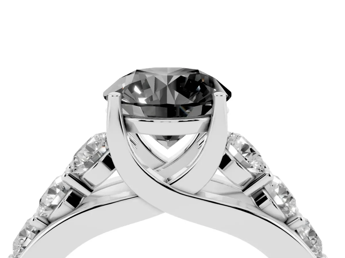 Fancy Black Round Cut Diamond Engagement Ring with Pavé Band and Four-Prong Setting Silver