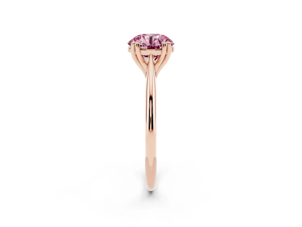 Fancy Pink Round Cut Solitaire Diamond Ring with Six-Prong Setting and Classic Band Rose gold