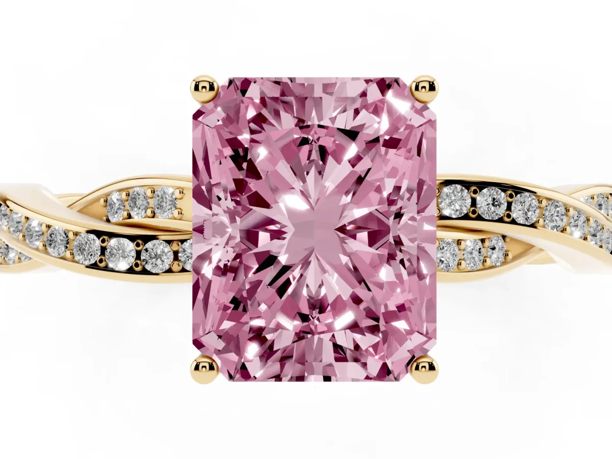 Fancy Pink Radiant Cut Solitaire Twisted Pave Diamond Ring with Four-Prong Setting Yellow gold