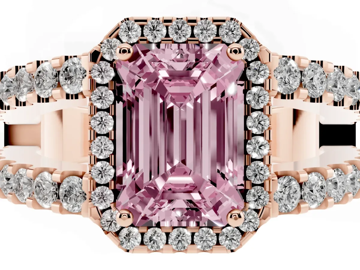 Fancy Pink Emerald Cut Cut Halo Split Shank Diamond Ring with Four-Prong Setting Rose gold