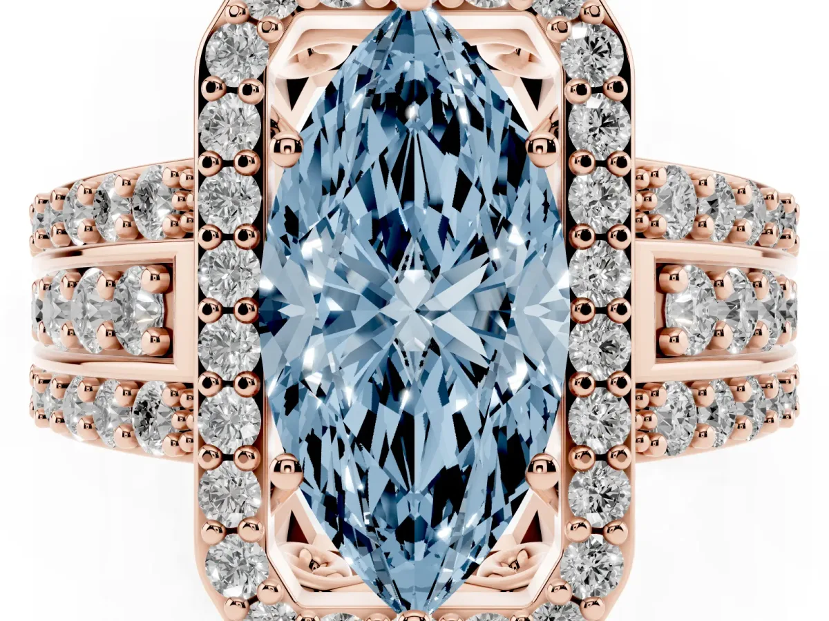 Fancy Blue Marquise Cut Halo Diamond Ring with Round Split Shank and Prong Setting Rose gold