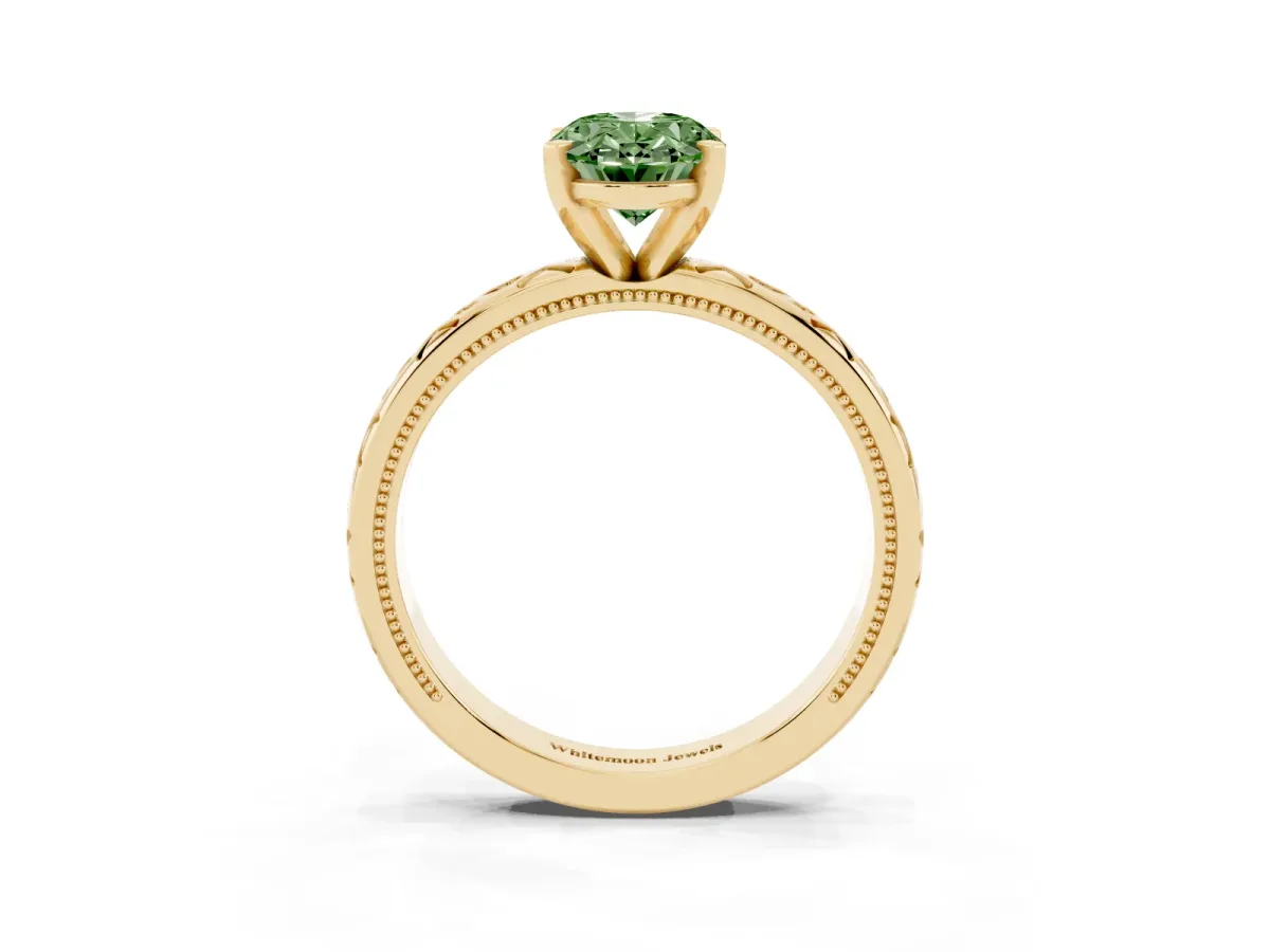 Fancy Green Oval Cut Solitaire Engagement Ring with Scrollwork Band and Four-Prong Setting Yellow gold