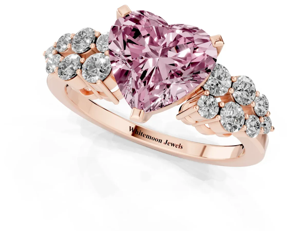 Fancy Pink Heart Cut Cluster Diamond Engagement Ring with Pavé Band and Four-Prong Setting Rose gold