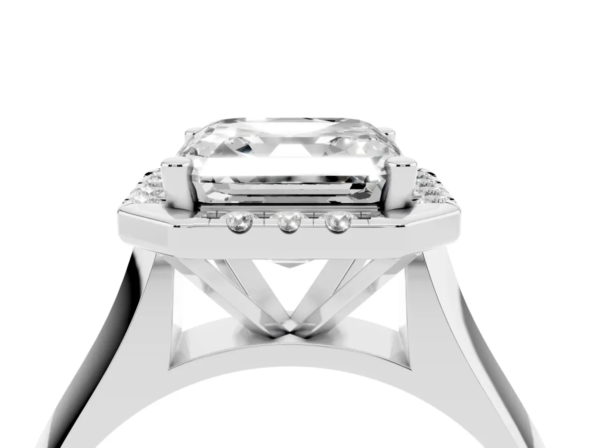 Asscher Cut Cut Halo Solitaire Engagement Ring with Square Band and Four-Prong Setting White gold